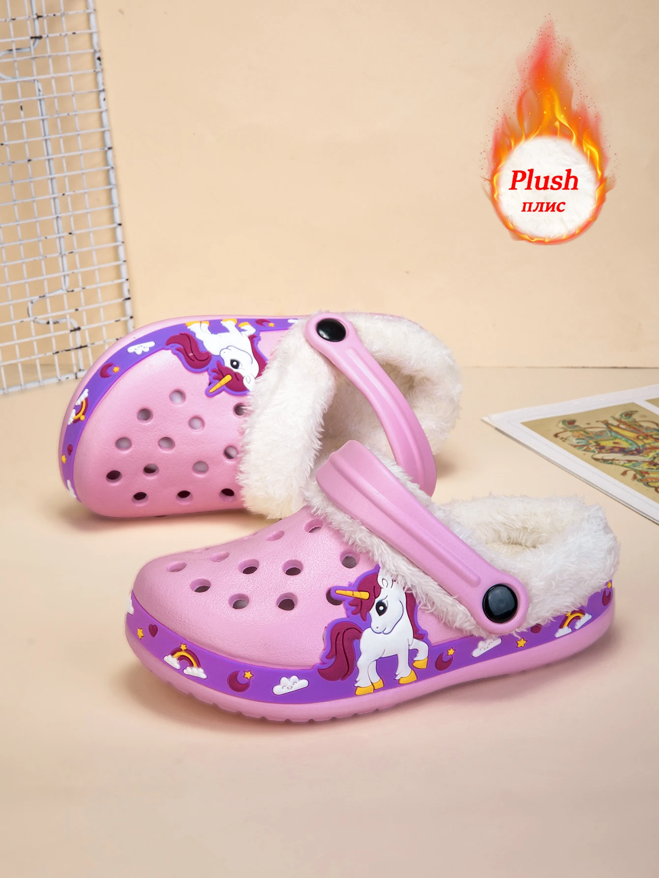 Sabots Hiver Enfants Garçon Fille Fourrure Peluche - Chaussons Maison Jardin Doublés Chauds