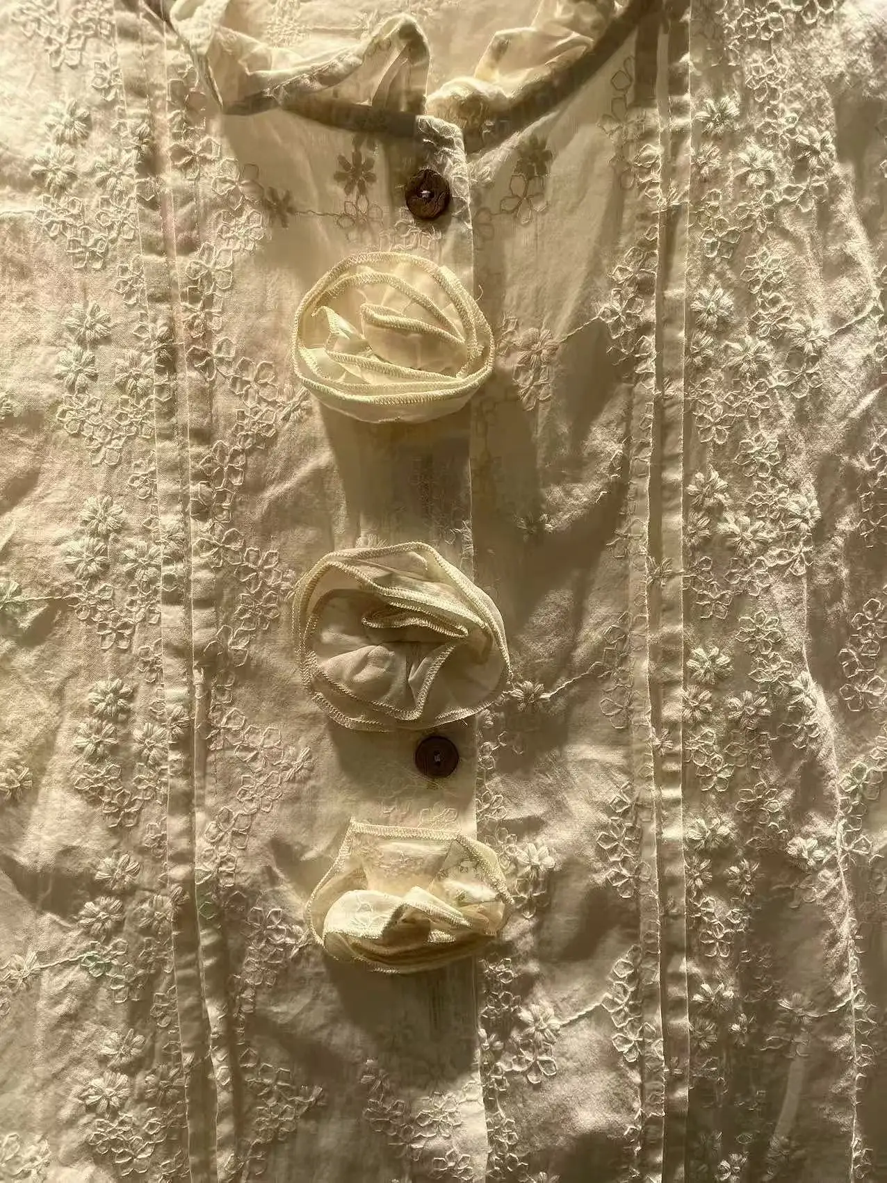 Bust 114cm Mori kei fashion cotton sweet lace embroidery shirts 3d rose flower short sleeve blouses lolita cute clothes
