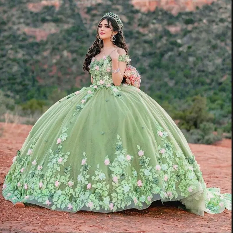 Sage Illusion Neckline Colorful 3D Handmade Floral Long Train Quinceanera Dress Custom Tailor Ball Gown for Sweet 16 Party Girls