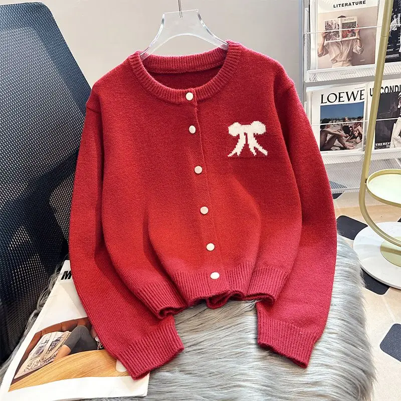 Casual Knitted Cardigan Contrast Color Red Bow Thick Loose Thick Bottom Sweater Coat Female Sweater 2024 Autumn Lady Streetwears