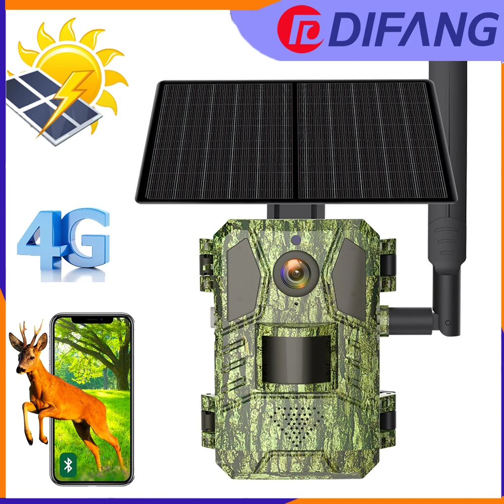 

DIFANG 4G Cellular Solar Wild Hunting Trail Camera, IR Night Vision, 20M PIR Motion Detection, 0.2s Trigger Time Wildlife Camera