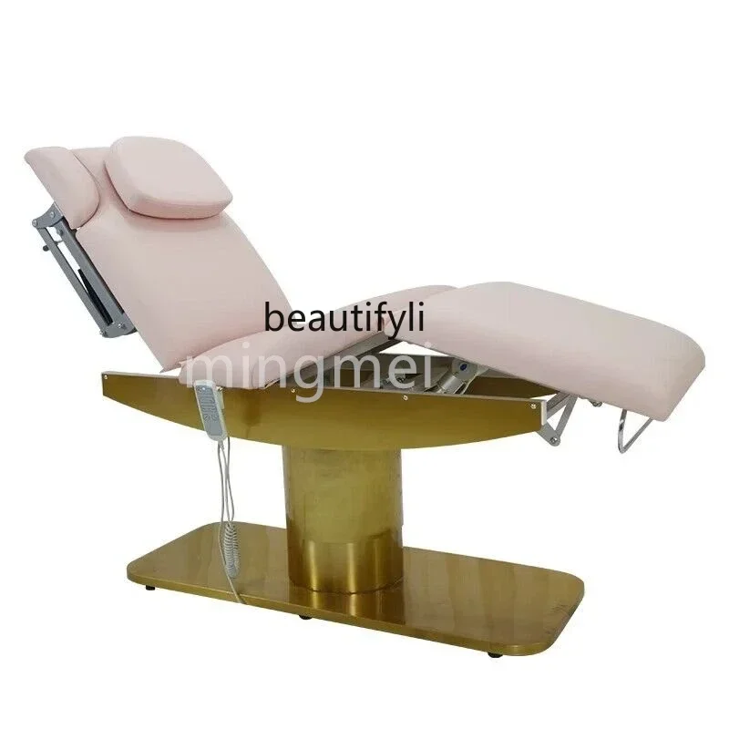 

Multifunctional beauty bed Electric lifting pattern embroidery micro-finishing treatment bed Gold base for beauty salon