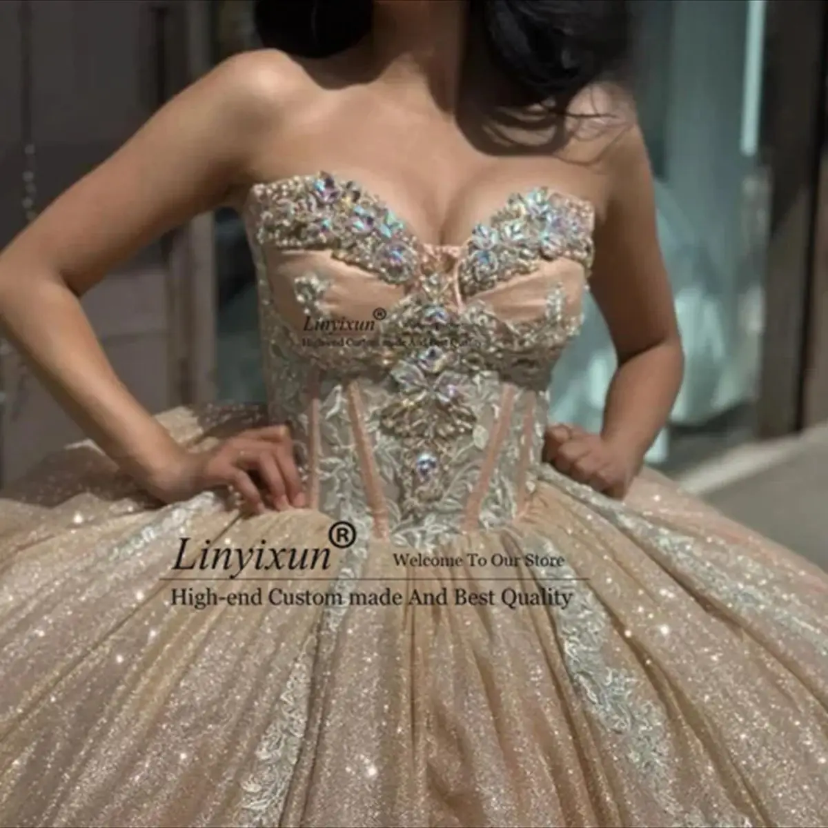 

Sparkly Rose Gold Sweetheart Quinceanera Dresses Glitter Ball Gown Appliques Crystals Beads Sweet 15th Dress 16 Prom Party