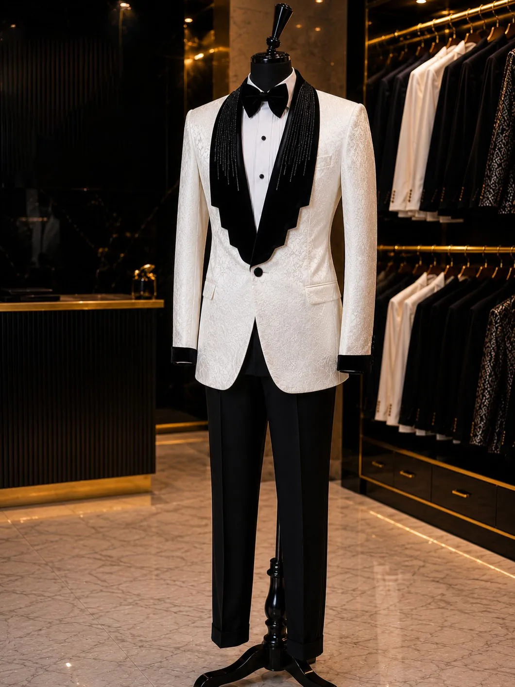 Gorgeous Men Jacket Pants Suit Beaded Jacquard Shawl Lapel One Button Groom Wedding Wear 2 Piece Customized Formal Prom Set