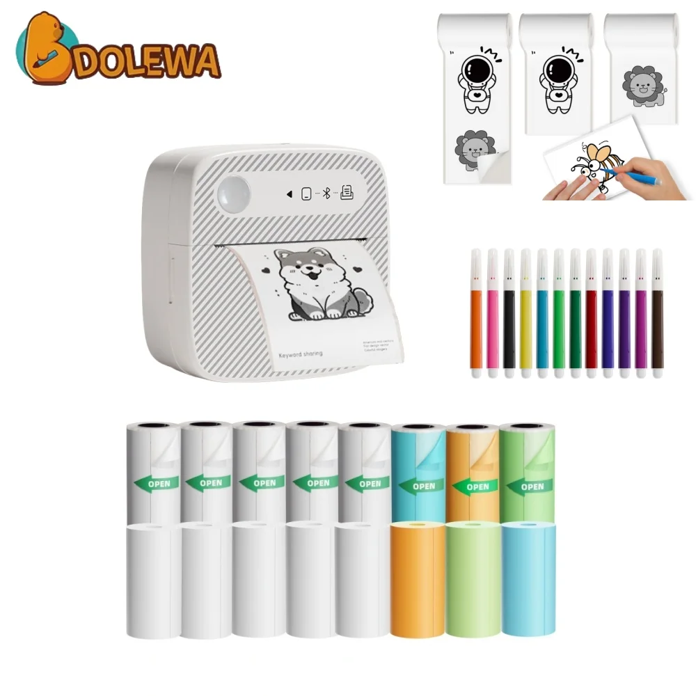 DOLEWA D2 Stripe Portable Printer with 16 Roll Paper and Pen Bluetooth Mini Printers for Study Notes DIY Label Photo Printing