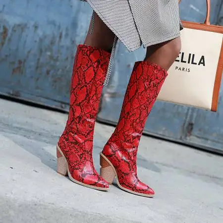 Blue Brown White Women Knee High Boots PU Leather Snake Print Zipper Ladies 2023 Boots Pointed Toe Square Heel Women\'s Boots