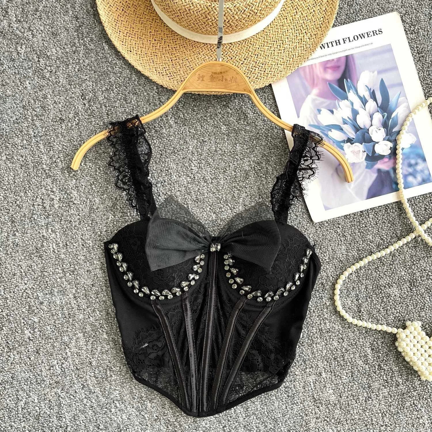 Beadings Pleated Mesh Sexy Lady Corset Irregular Design Shell Shape Sweet Bustier Elegant Camiso Party Events Women Crop Top