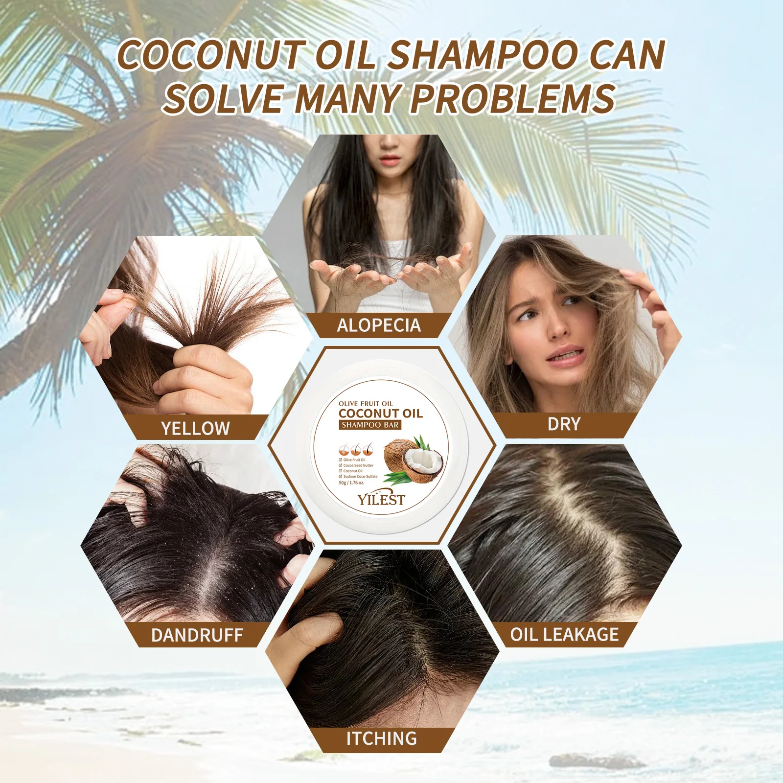 Barra de champú de aceite de coco y oliva de 50g para cabello más grueso, lucha contra la caspa y la caída del cabello, cuidado hidratante del cuero cabelludo, jabón sólido para el cabello vegano