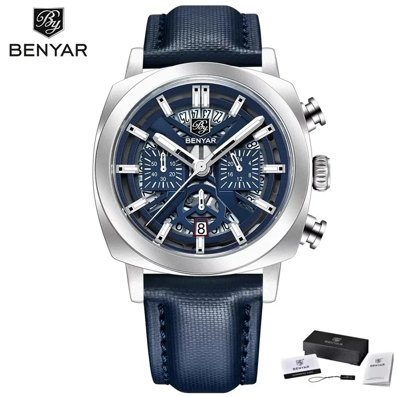 BENYAR BY-5205 Luxury Men Watch Hollow Dial Chronograph Quartz Wristwatch 24MM Braided Leather Strap Luminous Hands Sport Waterp