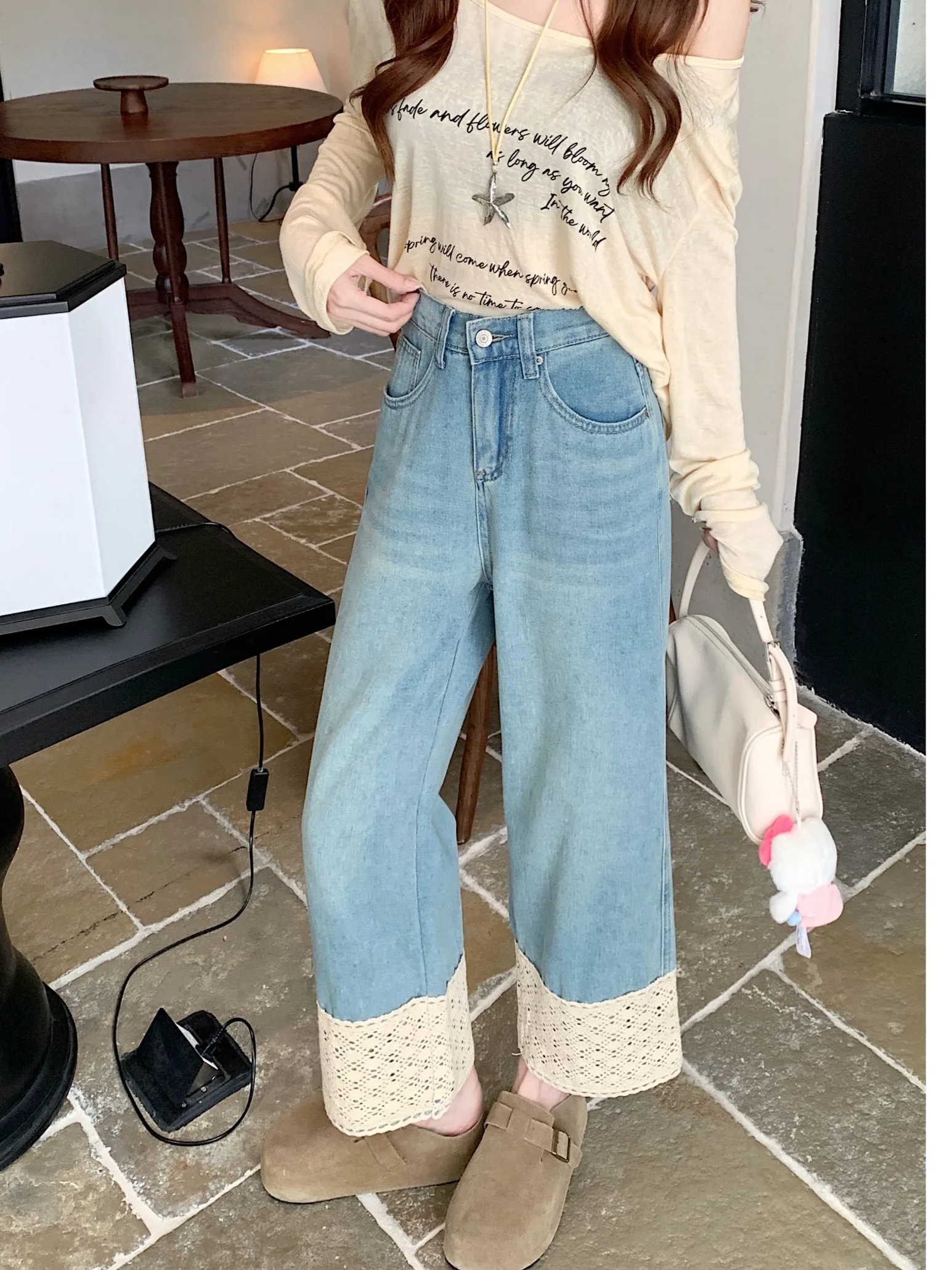 

plus Size American Retro Lace Trim Wide Leg Denim Jeans Women High Waist Straight Cut Summer New Style Commute Style High Ela...