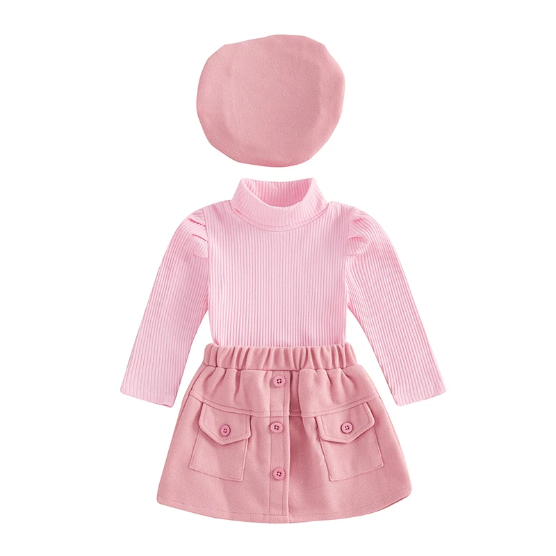 Kids Girl 3 Piece Outfit Solid Color Long Sleeves Tops and Button Elastic Skirt Beret Hat Set Cute Fall Clothes