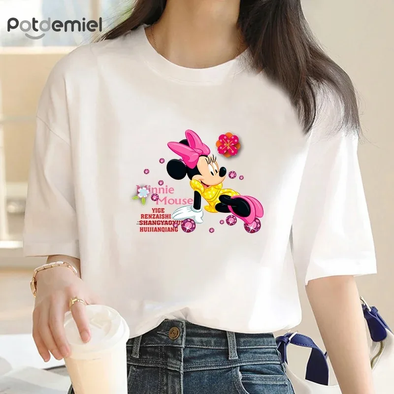 Happy Mickey Minnie Mouse Cartoon Printed T-shirt Street Wear Short Sleeve Birthday Gift Summer Style Crew Collar T-shirt Top