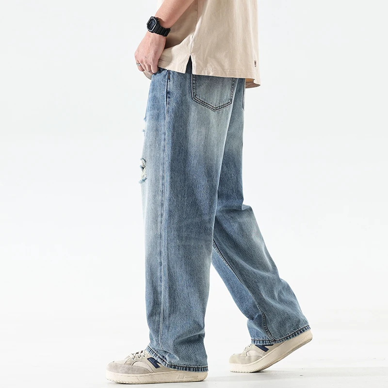 High-end retro holes casual jeans American wash blue loose straight pants Draped pants wide-leg summer thin men's pants