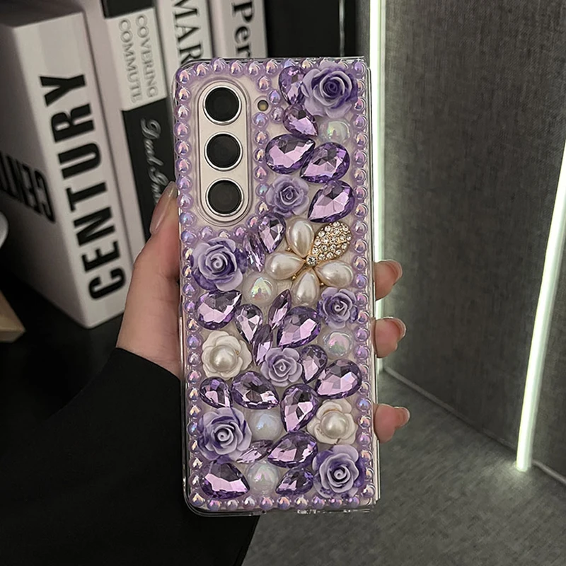 Luxury Bling Rhinestone Pearl Flower Phone Case For Samsung Galaxy Z Fold 7 6 5 4 3 Cute 3D Floral Purple Crystal Clear PC Cover