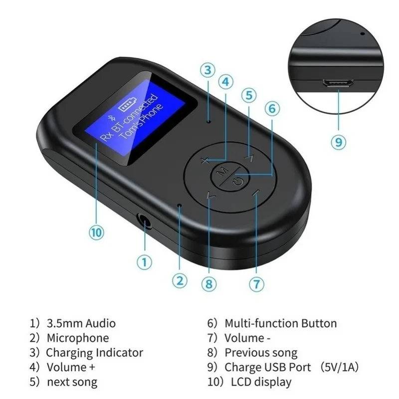 VIKEFON Bluetooth 5.0 Audio Receiver Transmitter with LCD Display Mic Handfrees Calling 3.5mm AUX Stereo Wireless Adapter For TV