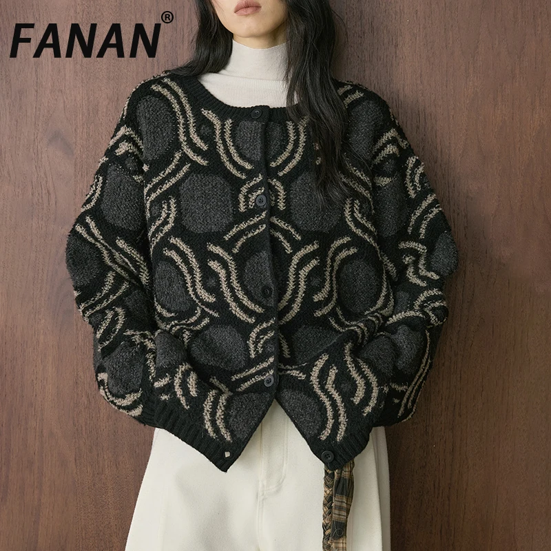

FANAN винтажный шерстяной вязаный свитер для женщин, однобортный однобортный офисный женский свитер с круглым вырезом, топы контрастного цвета, новинка зимы 2023 г.