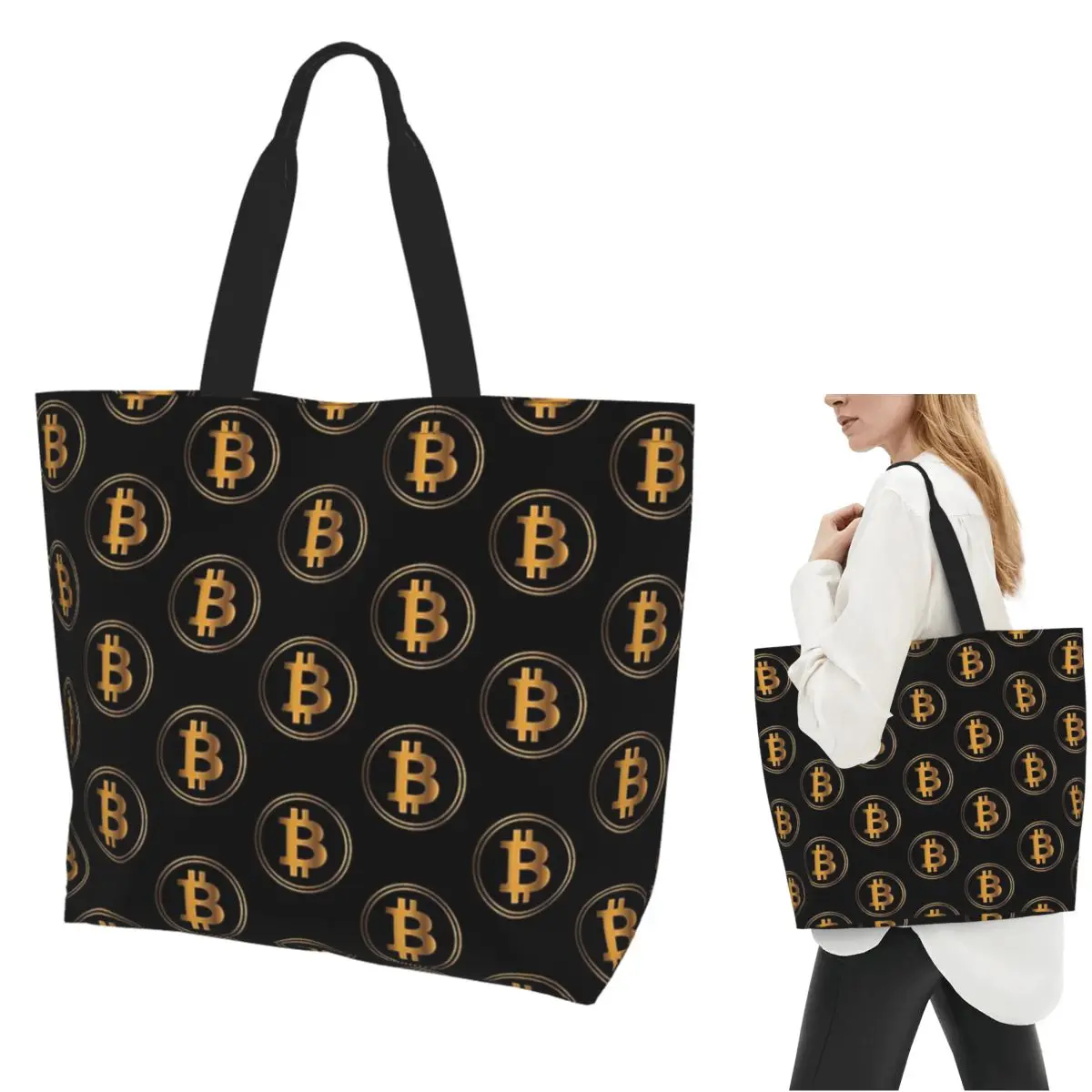 Bitcoin Cryptocurrency Shopping Tote Bag Canvas Large Capacity Shoulder Bags Shopper Grocery Handbag for Women