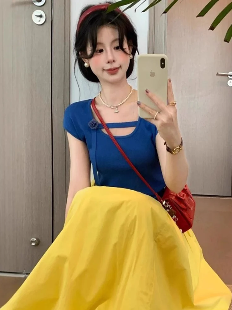 Klein Blue Sash Ice Silk Short Sleeve T-Shirt Women's Summer New Style Snow White Dopaamine Top Korean Style Slim Fit U Neck