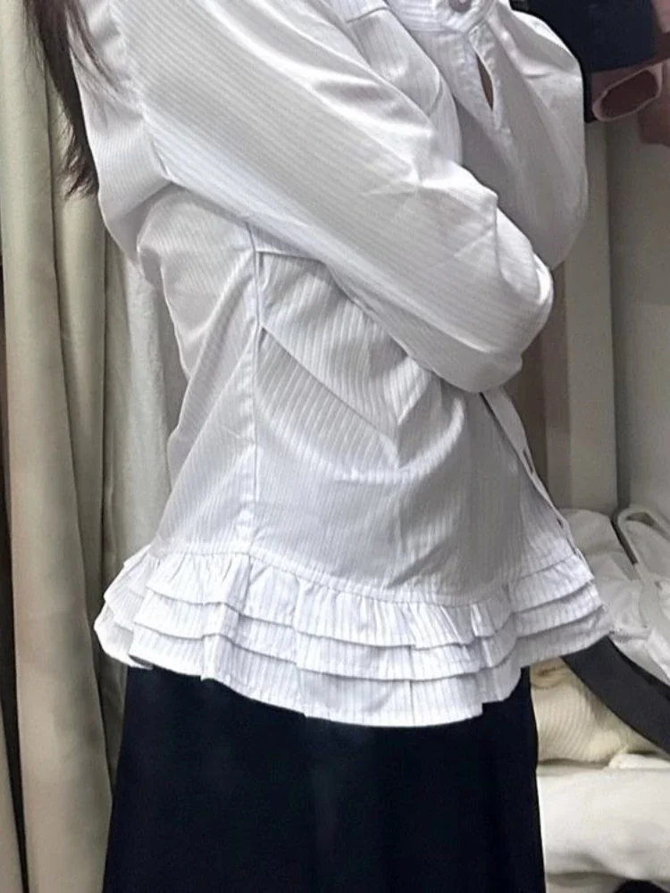 Kawaii – chemise à rayures blanches pour femmes, manches longues, broderie florale, mode coréenne, chemisiers à volants, ample, Preppy JK, hauts de printemps, nouveau