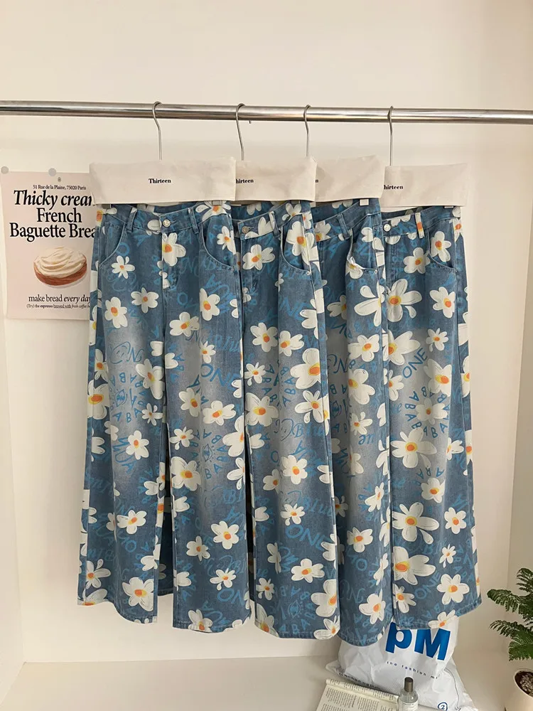 Pantalones vaqueros informales holgados con estampado de flores para Mujer, Ropa elegante y recta, moda coreana Y2K, 2024