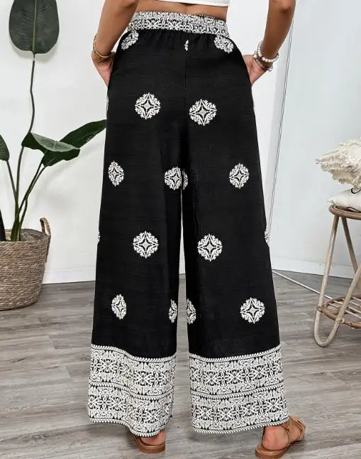 

Ethnic style printed belt with elastic waistband and drawstring, casual and comfortable women's straight leg pants