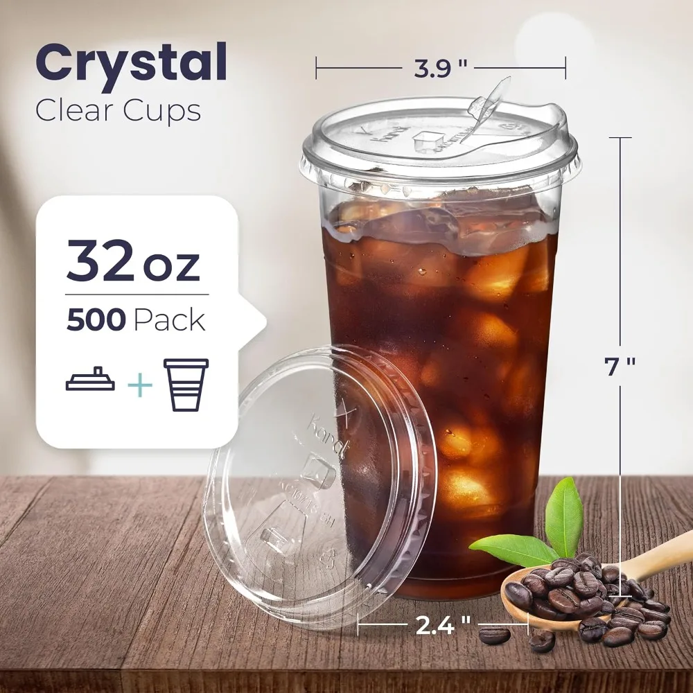 Fit Meal Prep [500 Pack 32 oz Clear Plastic Cups with Strawless Sip Lids, Disposable Plastic Coffee Cups, To Go Cups for Iced