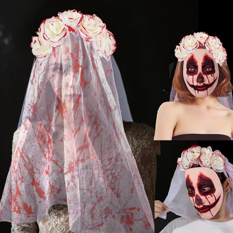 Halloween Gothic Bloody Bride Mask Cosplay Zombie Women White Flower Veil Crown Headwear Party Wedding Costumes Prop Fance Dress