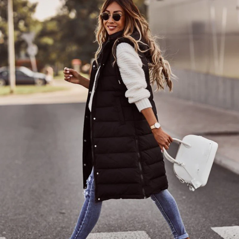 

Plus Size Women Long Hooded Vest Autumn Winter Sleeveless Jacket Cardigan Thick Warm Slim Zipper Outerwear Casual Loose Button