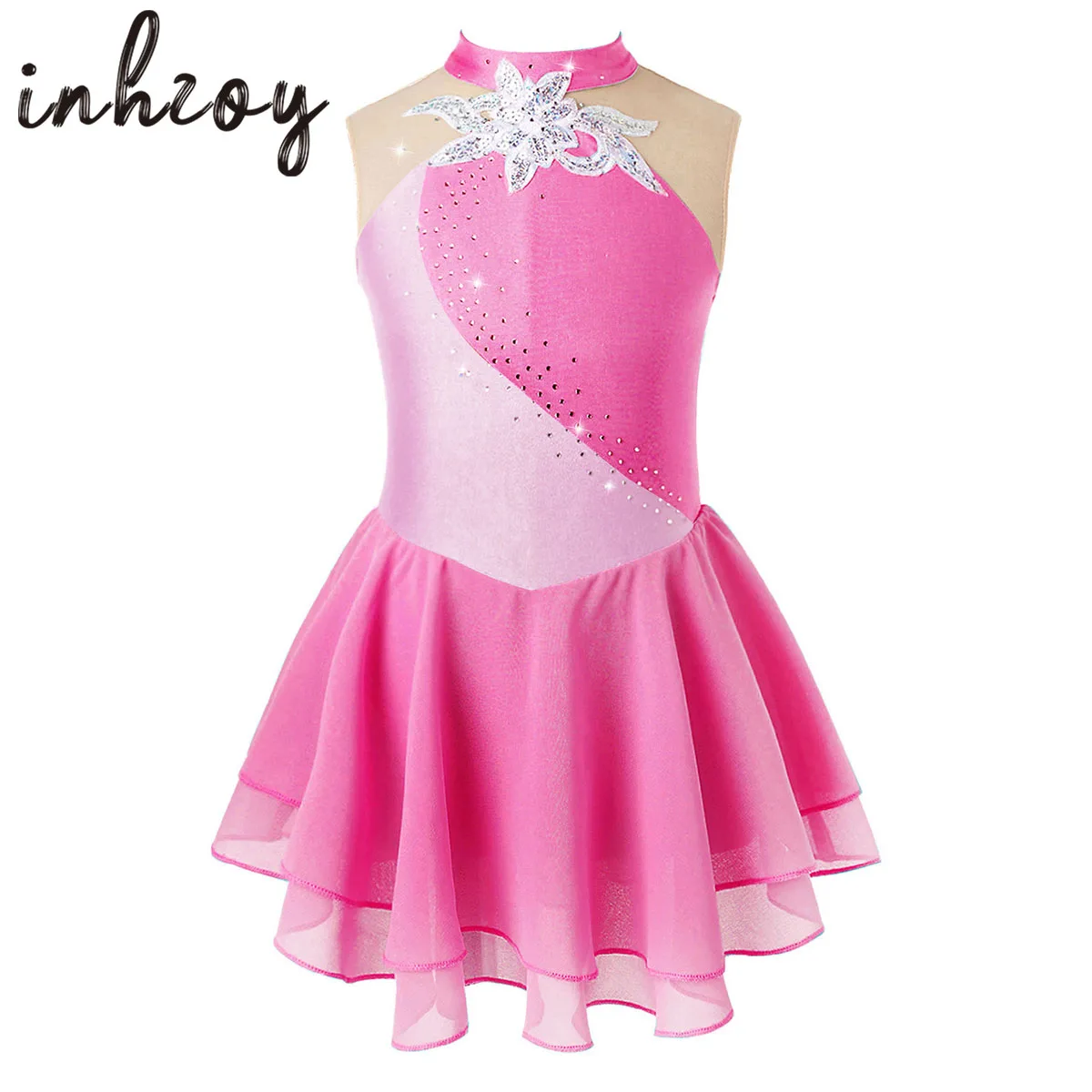 

Sequin Floral Figure Ice Skating Dress Kids Girls Rhinestone Ballet Dance Gymnastics Leotard Ballroom Competition Costume