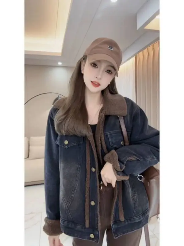 Cappotti di jeans per donna bavero giacche a maniche lunghe rosa pelliccia femminile peluche donna autunno dimagrante ultraleggero ritagliato femminile quotidiano OL