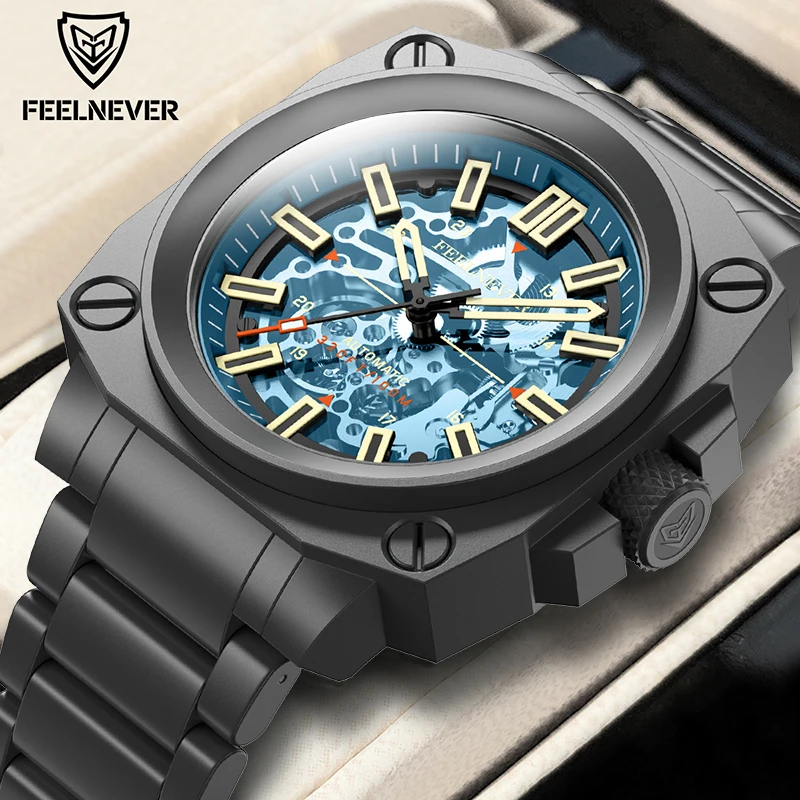 FeelNever Mechanical Man Watch Rugged Luxury Casual Sports Stainless Steel Hollow Out Waterproof Luminous Automatic Watches Male view 6