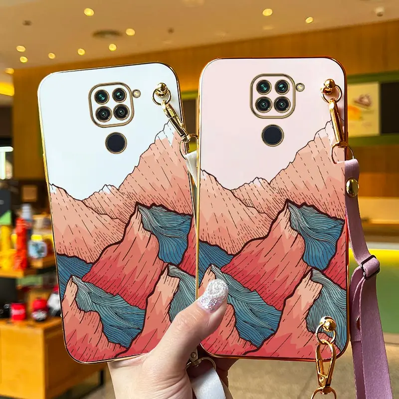 Mountain Of Flames Lanyard Plating Phone Case For Xiaomi Redmi Note 9 9T 10S 9Pro 8T 11TPro 10Pro 11Pro 11 11SE 12R 11EPro Cover