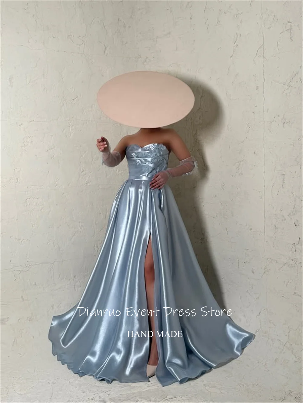 Dianruo Gaun Malam Bunga A Line Tanpa Tali Satin Celah Tinggi Vestidos De Noche Ruched Biru Laut Abendkleider Dubai Disesuaikan