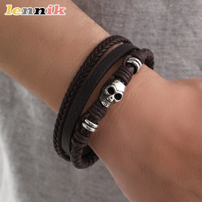 LENNIK Vielseitiges handgefertigtes Lederarmband für Herren – Punk-Schädel-Magnetverschluss, gewebtes Design, stilvoller Armreif für den täglichen Gebrauch