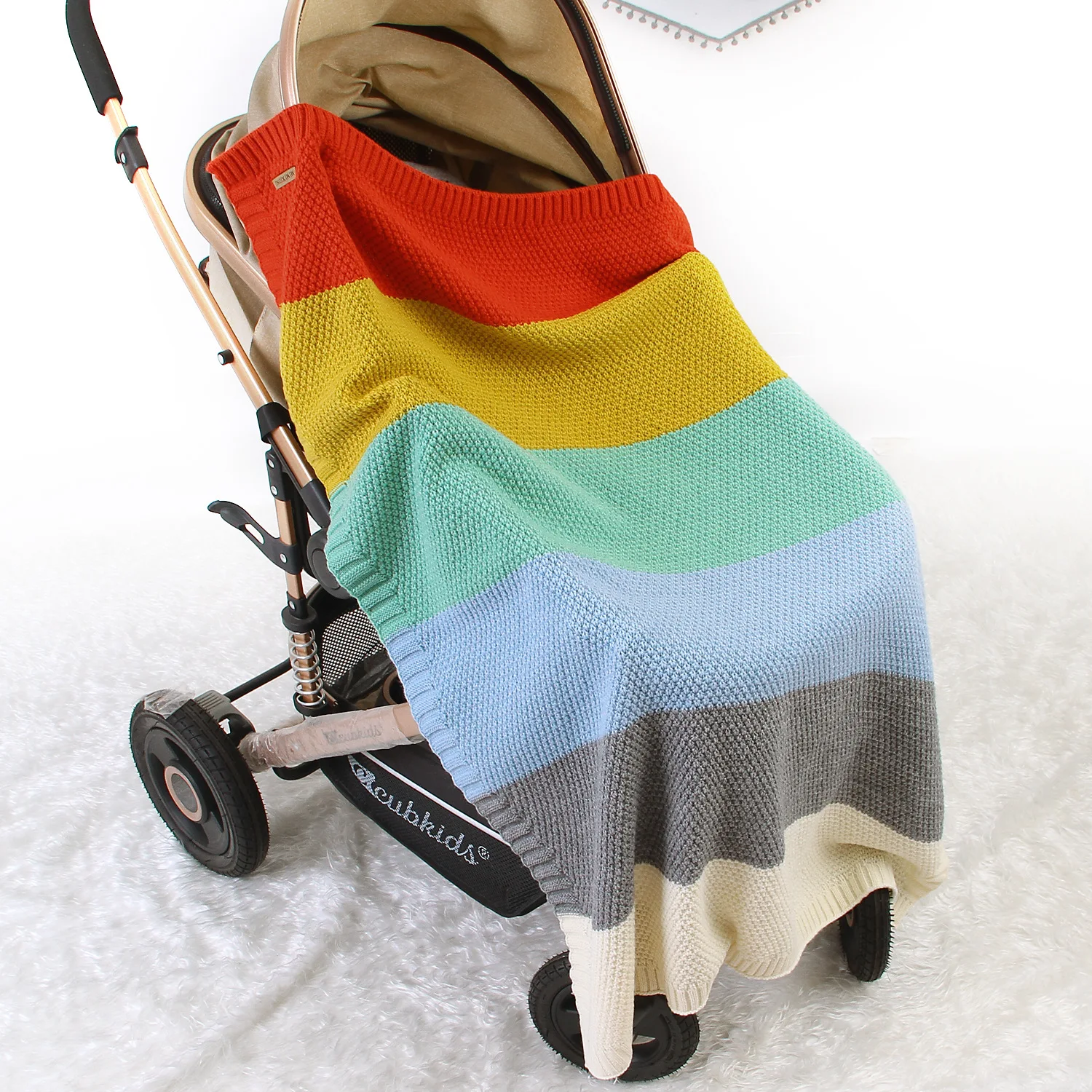 

Personalied Baby Knitted Rainbow Color Splicing Blanket Muslin Swaddle Baby Blankets Newborn Custom Name Boys Girl Kids Gifts