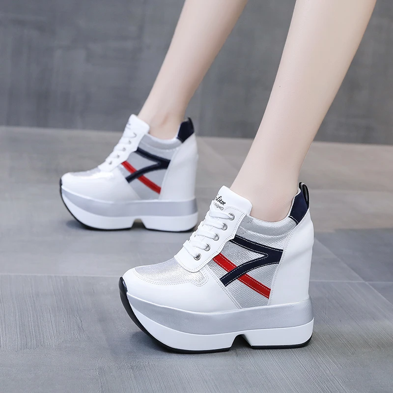 Autumn Women High Platform Shoes Height Increasing Casual Shoes 12 CM Thick Sole Trainers Breathable Shoes Women Sneakers