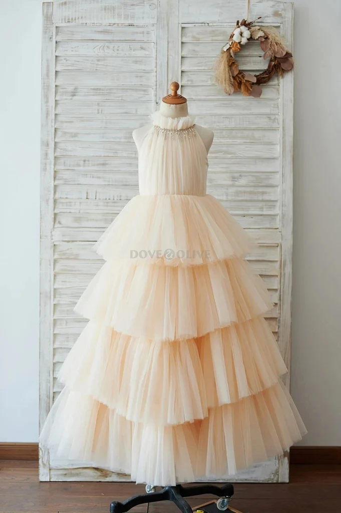 

Customized Cupcake Champagne Ivory Tiered Tulle Halter Neck Wedding Flower Girl Dress Sleeveless Ball Gown Princess Girls Gowns