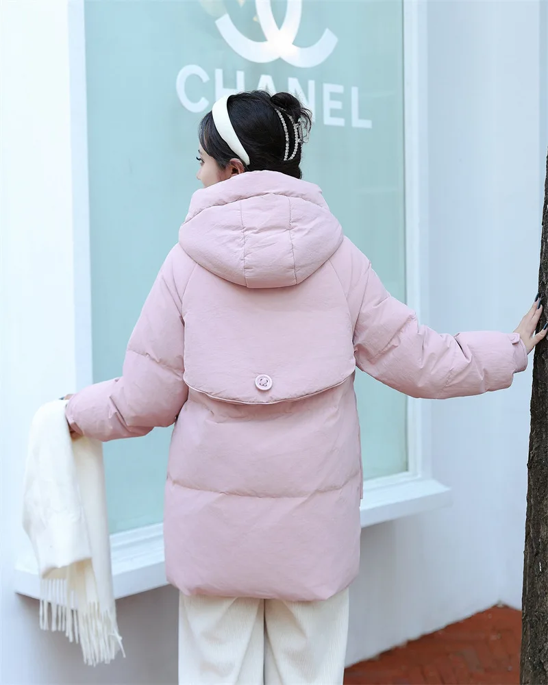 معطف نسائي سميك بغطاء للرأس كبير الحجم، جاكيت أبيض من ريش الإوز، كاجوال دافئ، معطف متوسط الطول، سترة ثلج #2