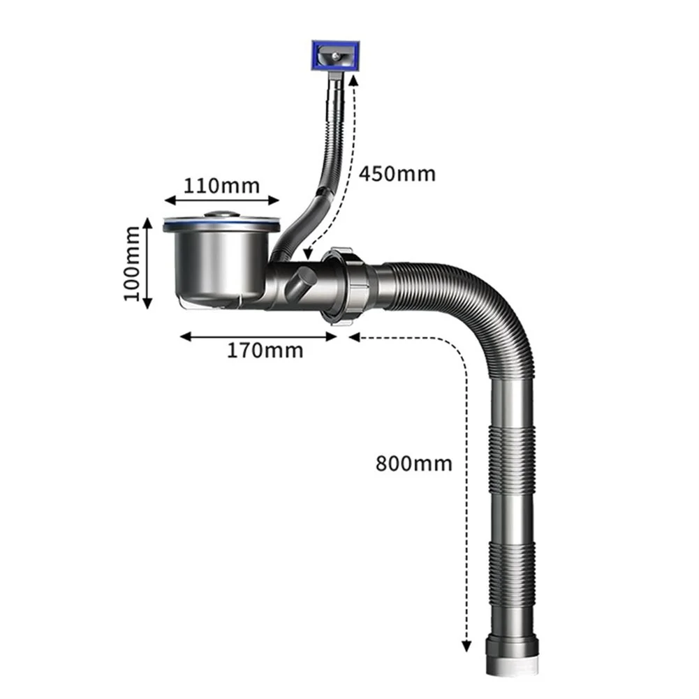 Drain Pipe for Kitchen Sink Made of Stainless Steel with Dual Overflow Spoon Cup Compact P Trap and Barrier Valve