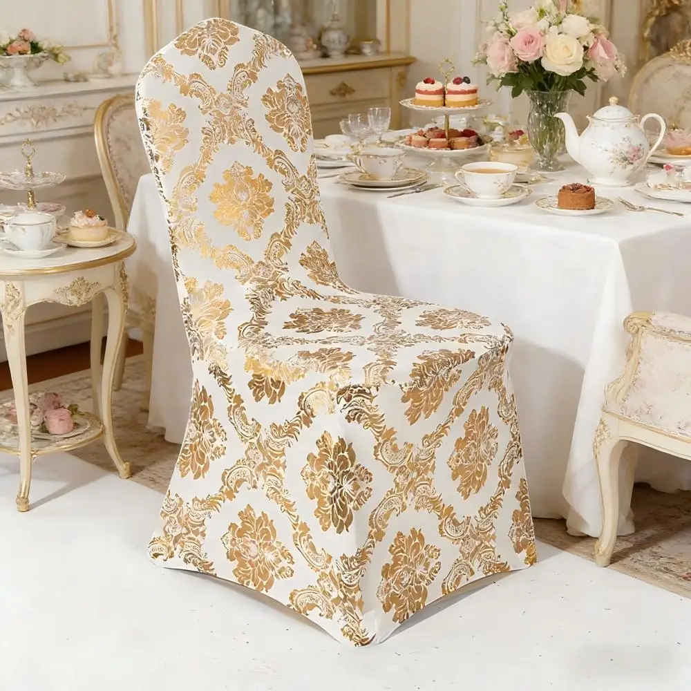 Wedding Decoration Spandex Chair Covers Bronzing Gold Silver Flower Print Washable Stretch Chair Cover Birthday Party Holiday