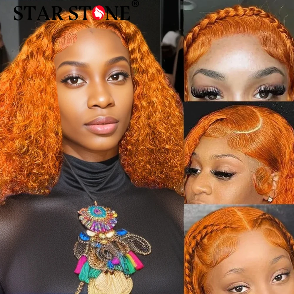 Deep Wave Bob Wig Human Hair 100% Human Hair Wigs Ginger Orange Brazilian Hair 13x4 Lace Frontal T-Part Lace Wig Curly Wigs 180%