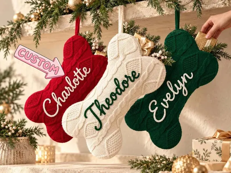 Personalized Custom Dog Bone Christmas Stocking with Pet Name Fireplace Holiday Decor Dog Mom Christmas Gift