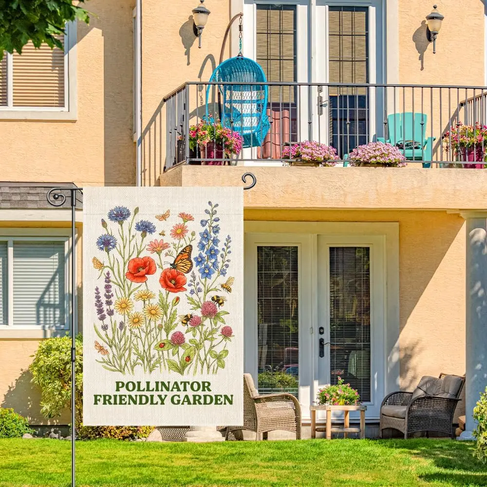 Pollinator Friendly Garden Flags for Outside, Spring Pollinator Garden Flag, Butterfly Floral House Banner for Nature Lover, WWP