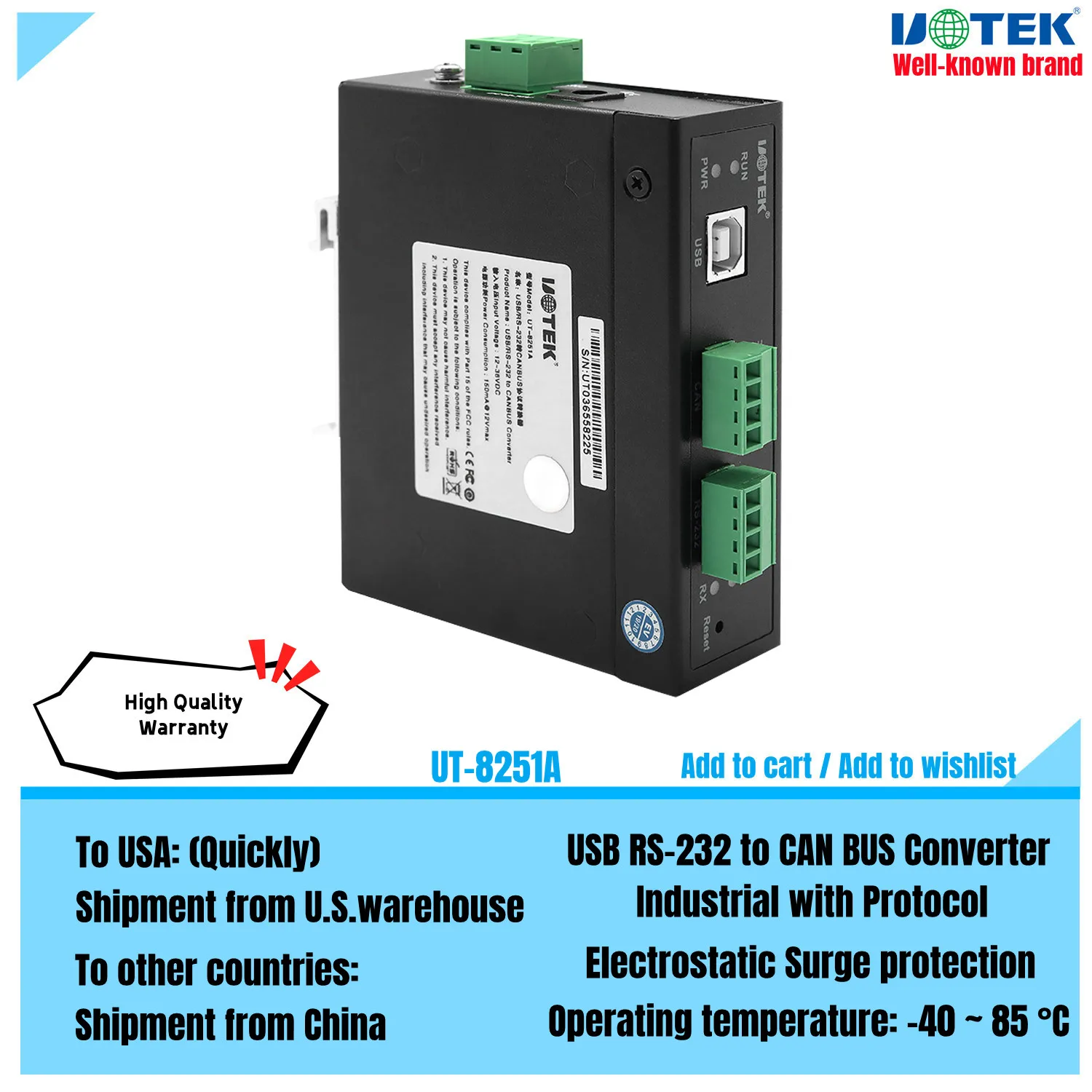 

UOTEK USB Can 2.0 Protocol RS232 to CAN BUS Converter USB-B RS-232 Serial Adapter Industrial Grade Connector UT-8251A