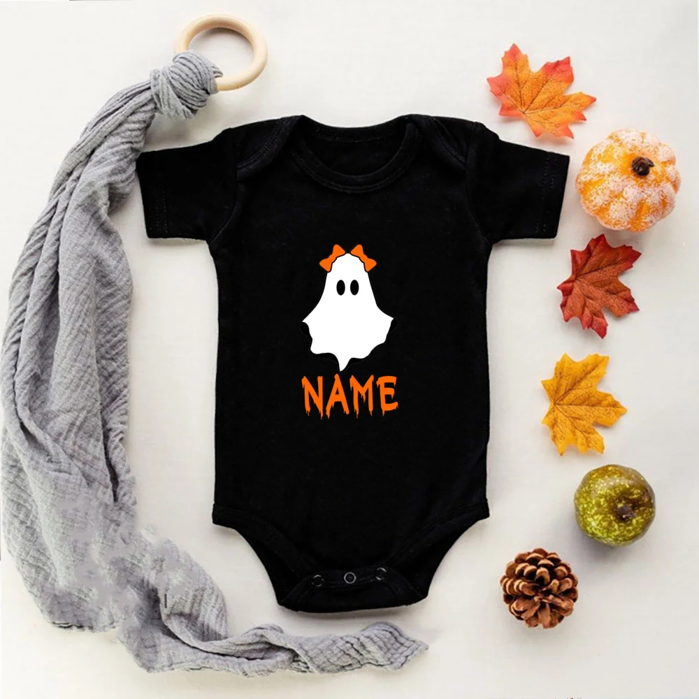 Personalized Baby Romper Ghost with Name Newborn Bodysuit Boys Girls Halloween Party Outfit Infant Holiday Short Sleeve Jumpsuit