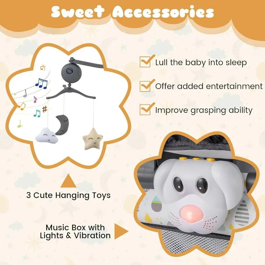 3 in 1 Pack and Play Portable Baby Playard with Bassinet Changing Table Lockable Wheels Glowing Music Box Travel Baby Crib Bass