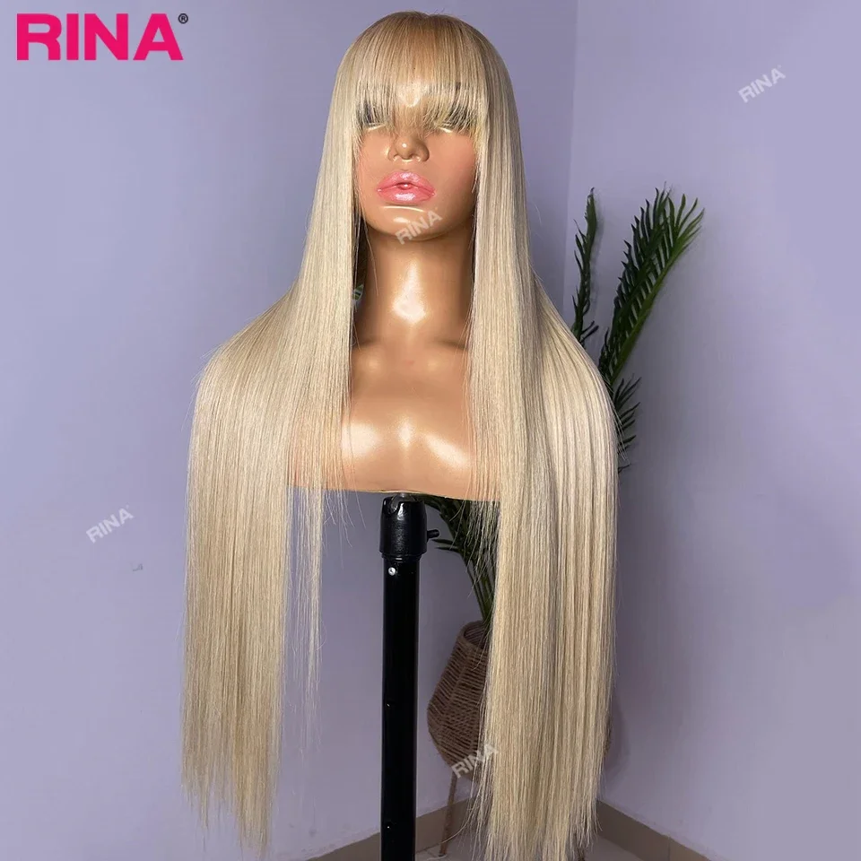 Ash Blonde Color With Bang Straight 13X4 Lace Frontal Human Hair Wig For Women Transparent 5X5 Lace Closure Wig Blonde Color Wig