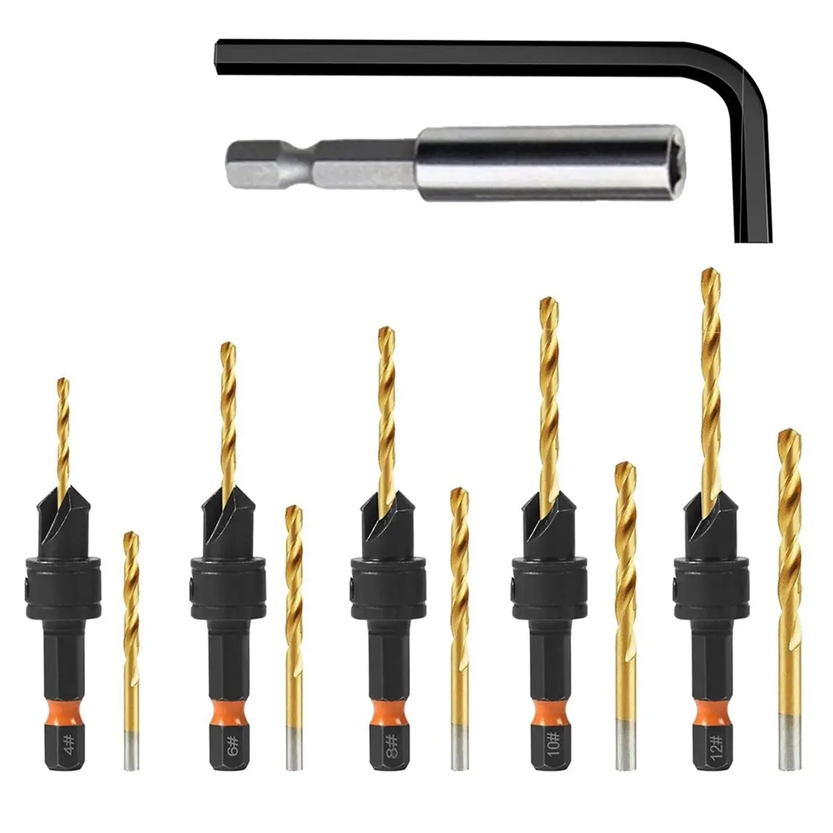 ~！【Best Seller】12Pc HSS Adjustable Countersunk Drill Bits for Woodworking, Sizes 4, 6, 8, 10, 12, WithMagnetic Extension Drill