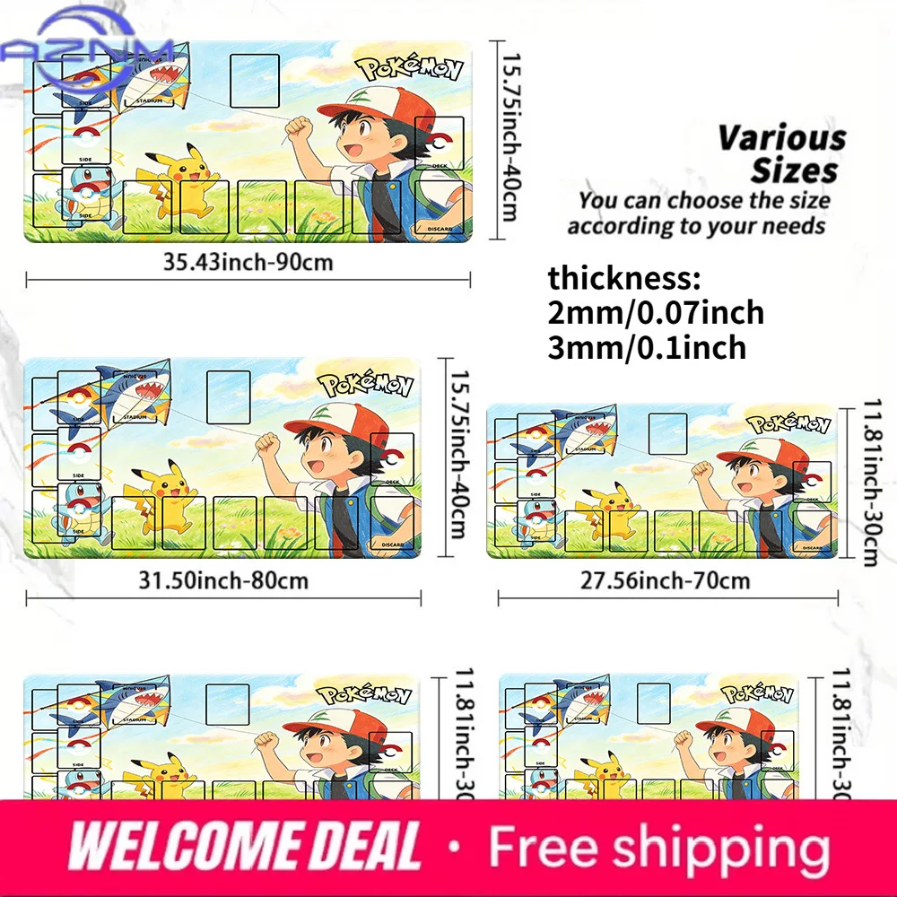 Pokemon Ash Pikachu Squirtle Shark Kite TCG Playmat, Trading Card Game Mat with Zones, 2mm/3mm Thick Non-Slip Mouse Pad for CCG