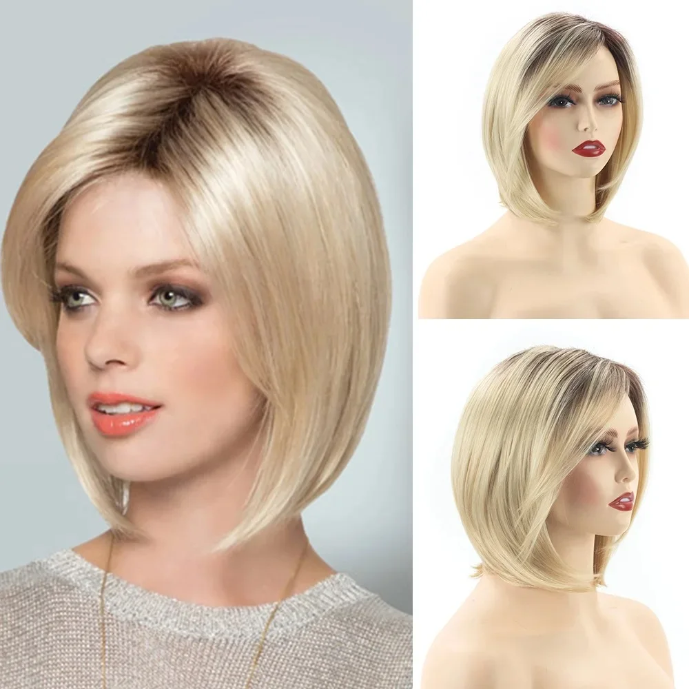 Womens Fashion Short Blonde Wig Dark Roots Soft Straight Synthetic Bob Hair Gold Color Fancy Dress Party Wig for Woman